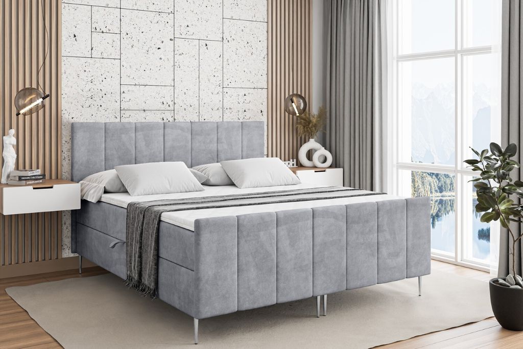 ALTDECOR Boxspringbett mit Silber Füßen, Matratze und Lattenrost, Topper, Fußteil, Polsterbett mit Bettkasten, Bett mit Stauraum H4-Matratze, Do...