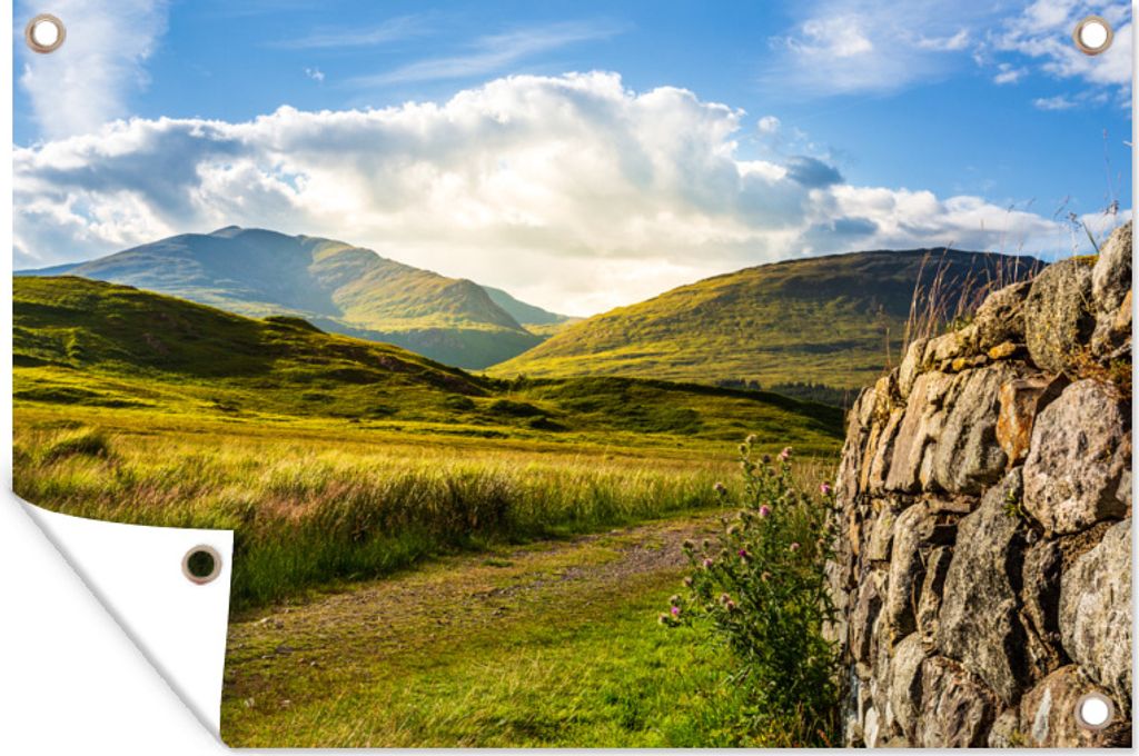 MuchoWow 90x60 cm Outdoor-Poster Gartendeko Sichtschutz Garten Poster für den Garten Grüne Berge in Schottland