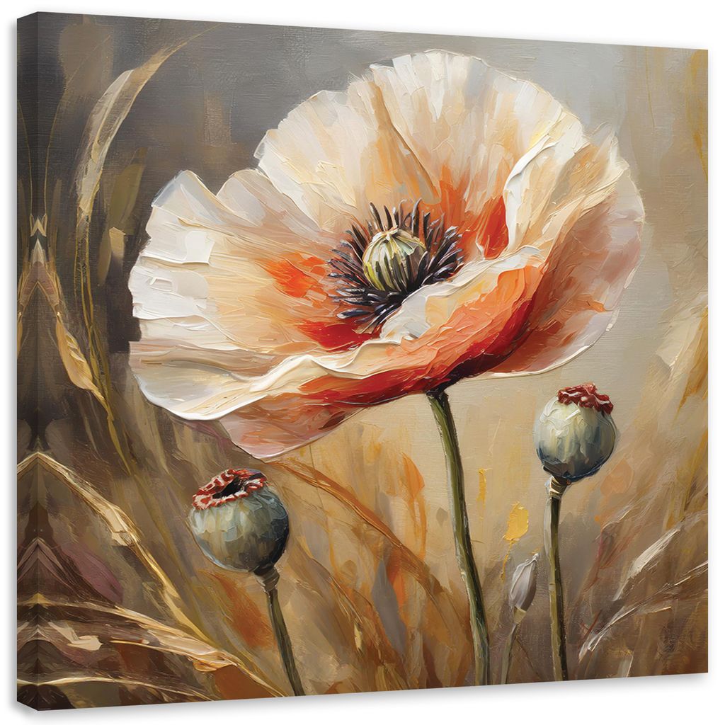 Leinwandbild Gemalte Mohnblumen 60x60 Feeby Beige bild für die wand bereit zum aufhängen