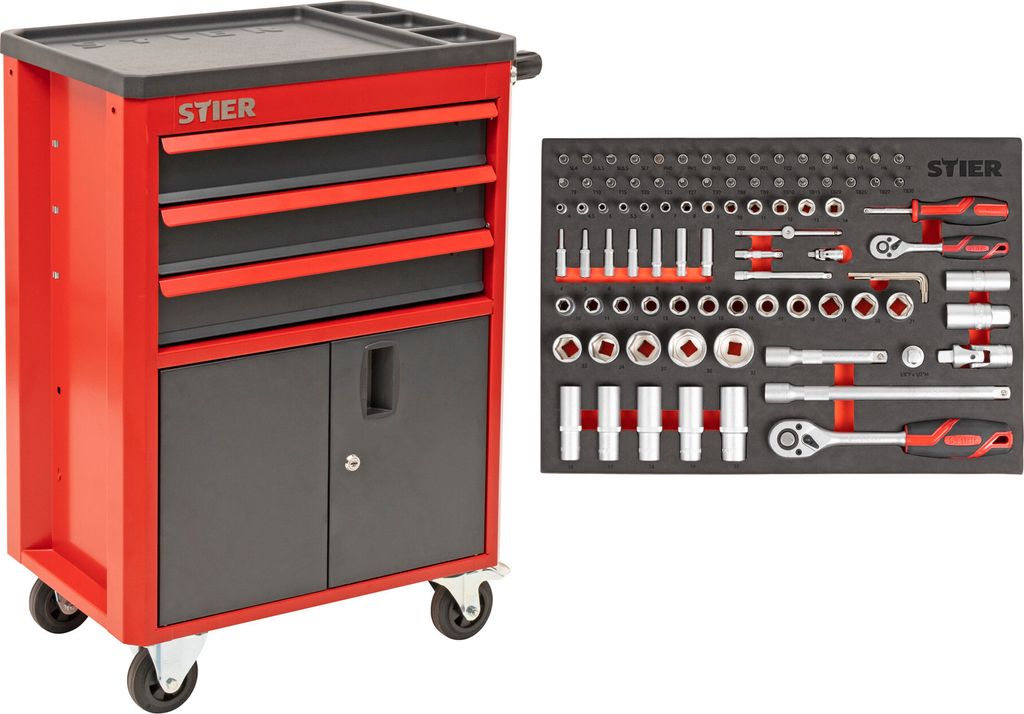 STIER Werkstatt- und Schrankwagen mit 3 Schubladen, bestückt 92-teilig, Werkzeuge in Weichschaumeinlage (EVA), Tragkraft 200kg
