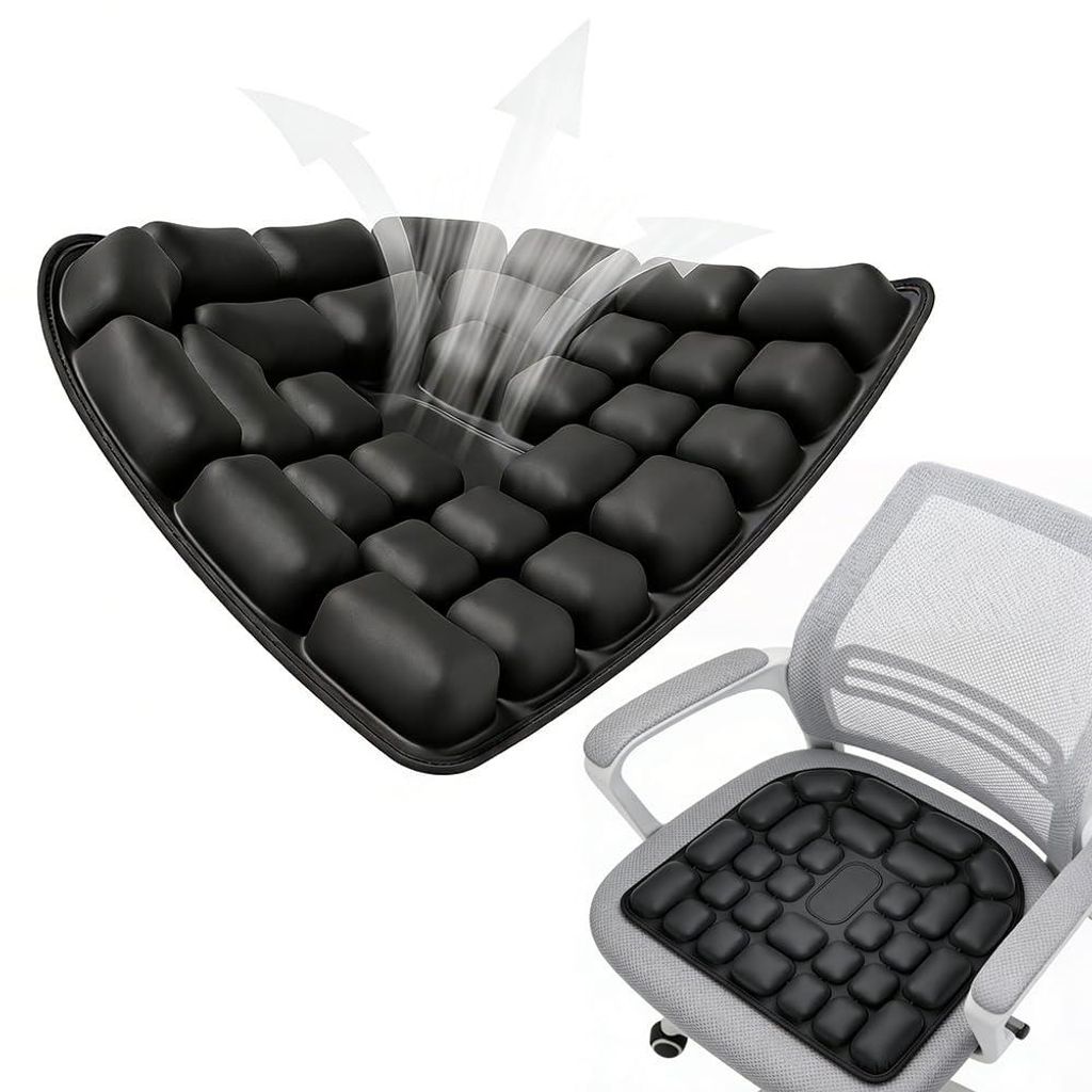 Aufblasbares, druckentlastendes Sitzkissen 45x40cm, schwarz, mit 3D-Luftkammern zur Entlastung des Steißbeins
