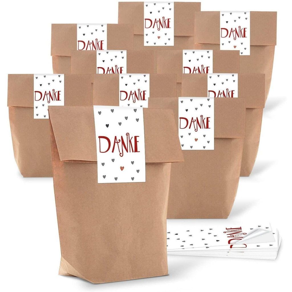 10 kleine braune Kreuzbodenbeutel 14 x 22 x 5,6 cm + 10 Aufkleber 5 x 15 cm DANKE rot graue HERZEN - Papier-Tüten give-aways Mitgebsel Verpackung ...