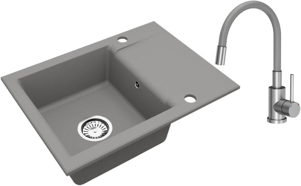 VBChome Granitspüle Grau 59 x 44 cm mit Flexibel Armatur Einzelbecken Einbauspüle Reversibel Gesprenkelt Pflegeleichtes Spülbecken mit Siphon