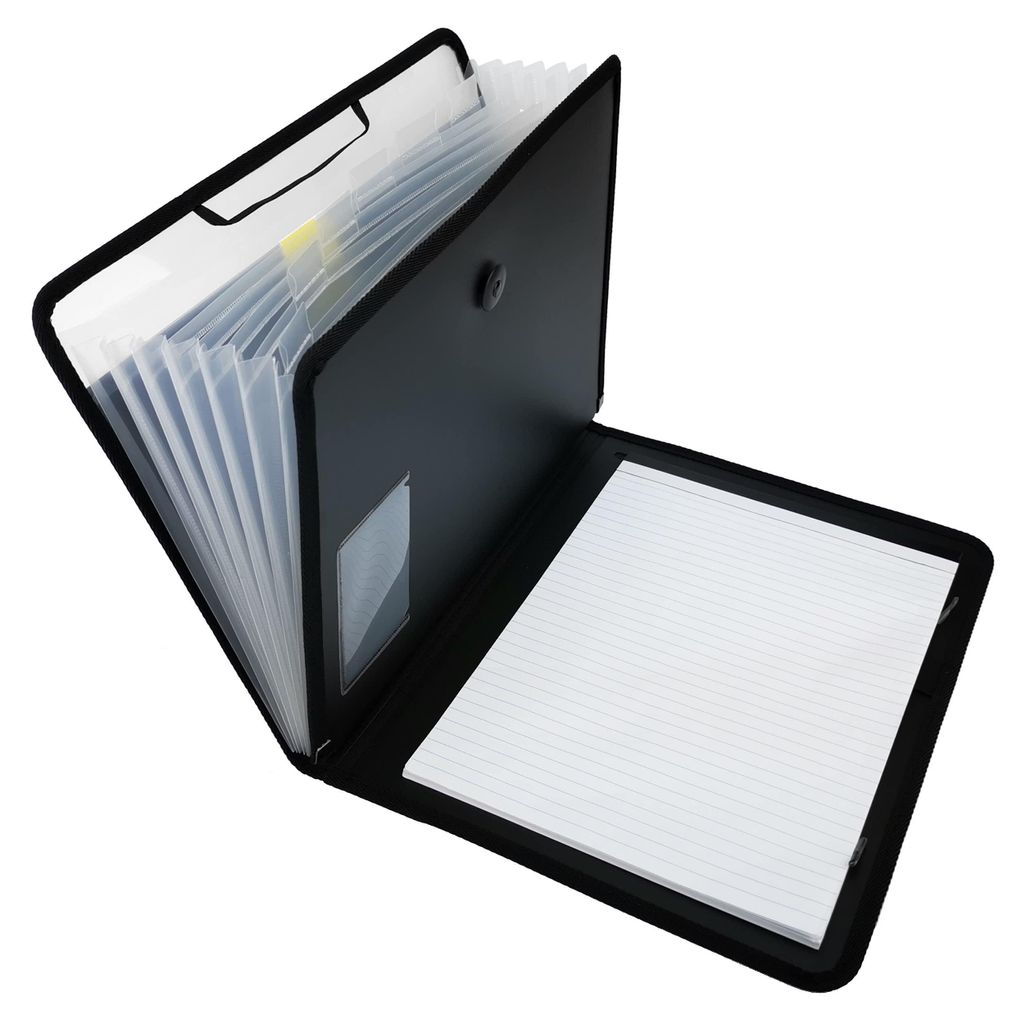 Notizbuch-Set, erweiterbarer Ordner, Organizer, Dokumentenmappe, erweiterbar, tragbar, mit Gummiband und Druckknopfverschluss, 7 Fächer, A4, schwarz