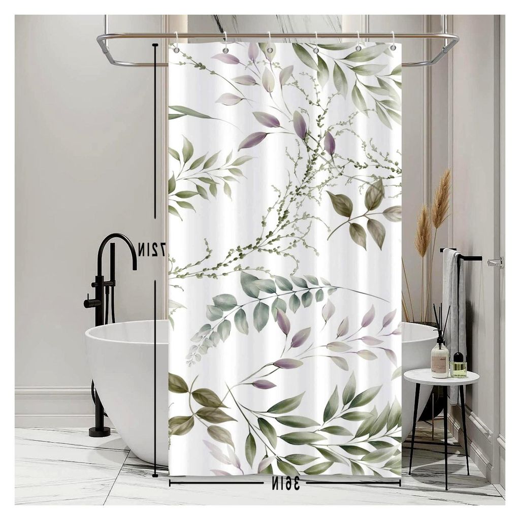 Duschvorhang für Badezimmer mit grünem Aquarell Eukalyptusblatt-Design, 36" x 72", wasserdichtes Badewannenzubehör mit 12 Haken