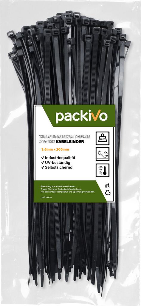 PACKIVO Profi Kabelbinder 3,6 x 200mm schwarz extra starke Kabelbinder Industriequalität UV Beständig Zugfestigkeit 18Kg für Kabelmanagement, DIY