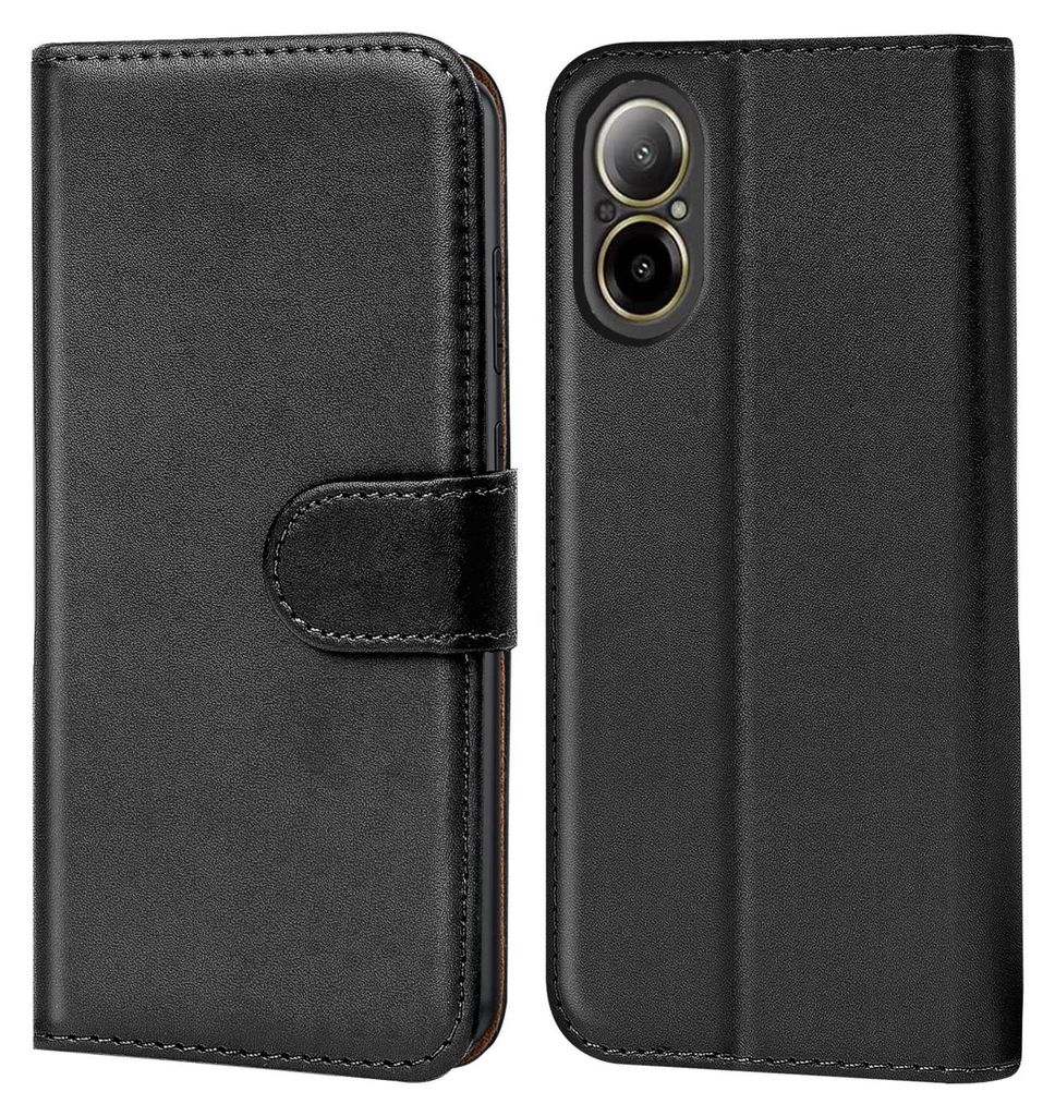 A black flip case for a smartphone, shown from the front and back.