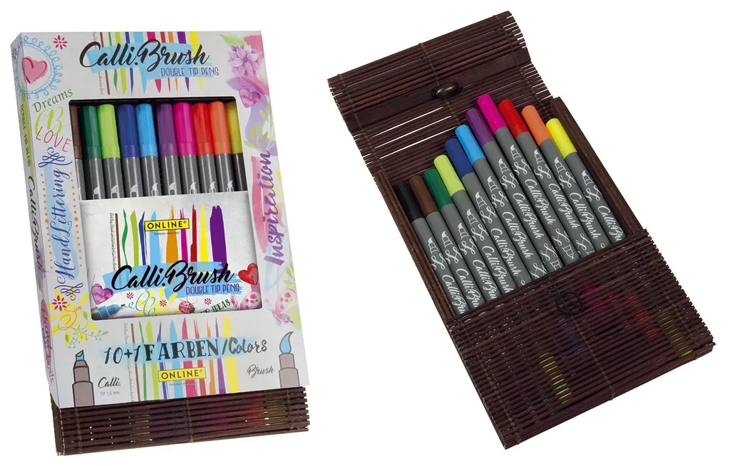 Set de Feutres Pinceaux Calligraphie - 11 Couleurs et Coffret Bambou