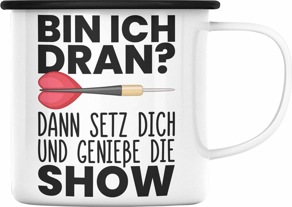 Trendation - Dart Geschenk Emaille Tasse Emaille Emaille Tasse Dartspieler Geschenkidee Darts Geschenke für Männer Frauen (Schwarz)