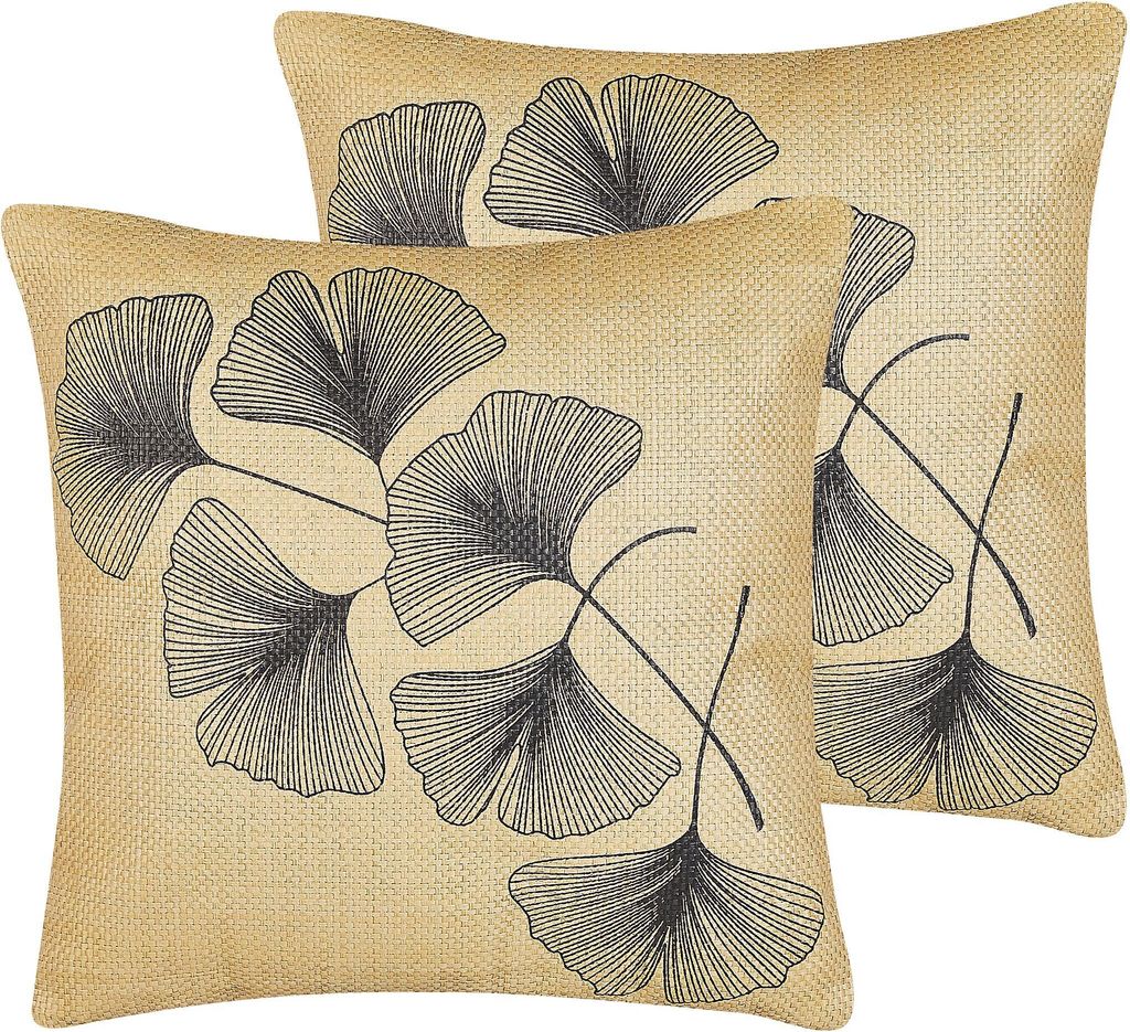 BELIANI Dekokissen Beige / Schwarz 45 x 45 cm 2er Set Polsterbezug mit Füllung Blättermotiv Wohnzimmer, Salon, Schlafzimmer Quadratisch Modern