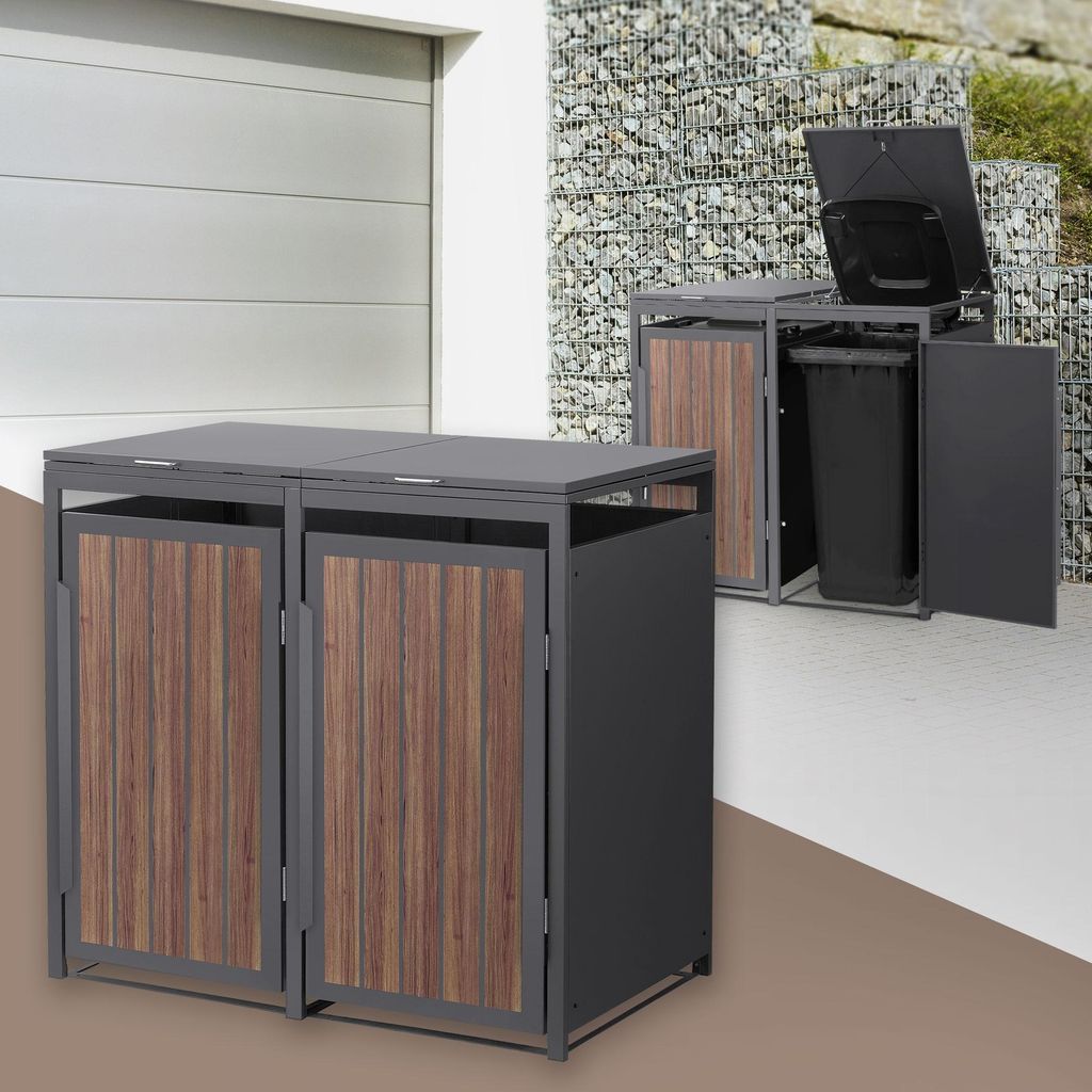 ML-Design Mülltonnenbox 2er, Mülltonnenverkleidung für 2 Tonne 240L 132x80x120 cm Anthrazit-Holzoptik aus Stahl, Müllbox mit Klappdeckel und Tür