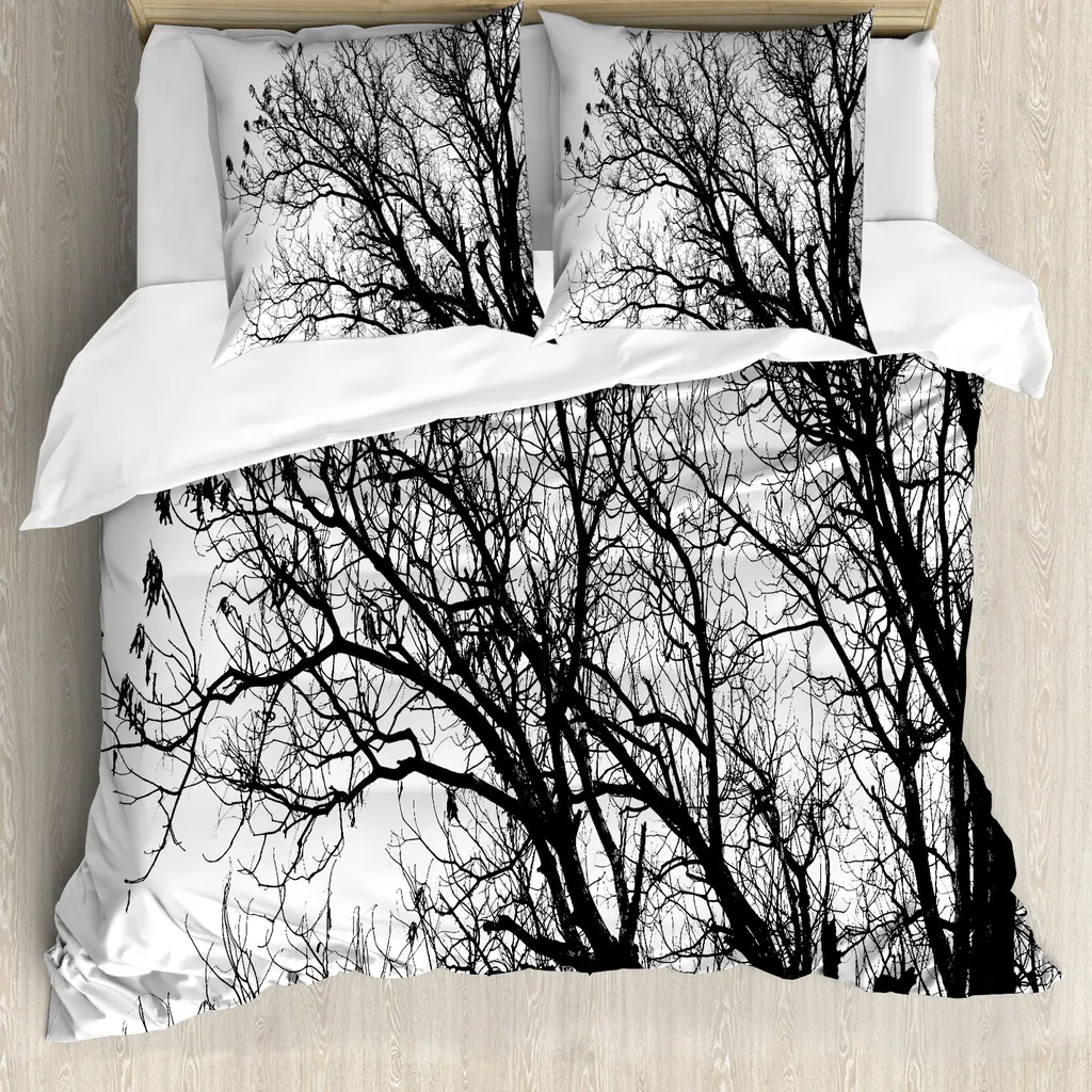 ABAKUHAUS Copripiumino naturale, ramo autunnale, antiacaro, adatto a chi soffre di allergie, con federe, 155 cm x 220 cm - 80 x 80 cm, bianco e nero