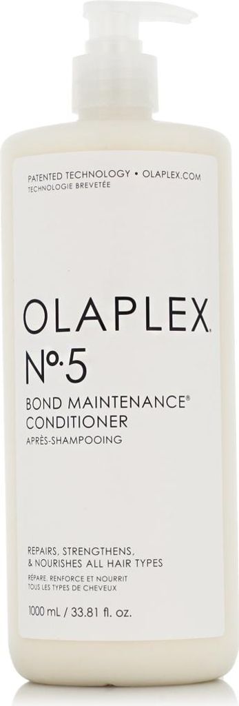 A white pump bottle of Olaplex No. 5 Bond Maintenance Conditioner.