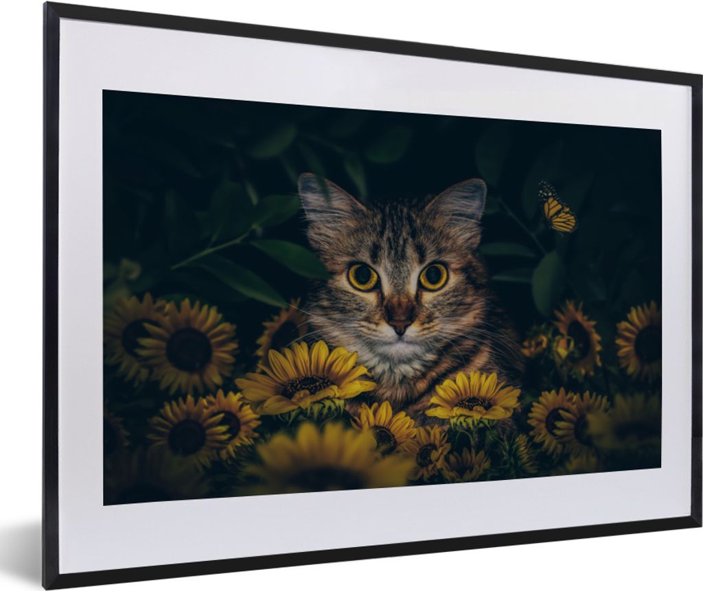 MuchoWow Gerahmtes Poster Katze - Gelb - Blumen - Botanisch 60x40 cm - Poster mit Schwarzem Bilderrahmen Wandposter Rahmen Foto Bilder - Schlafzi...
