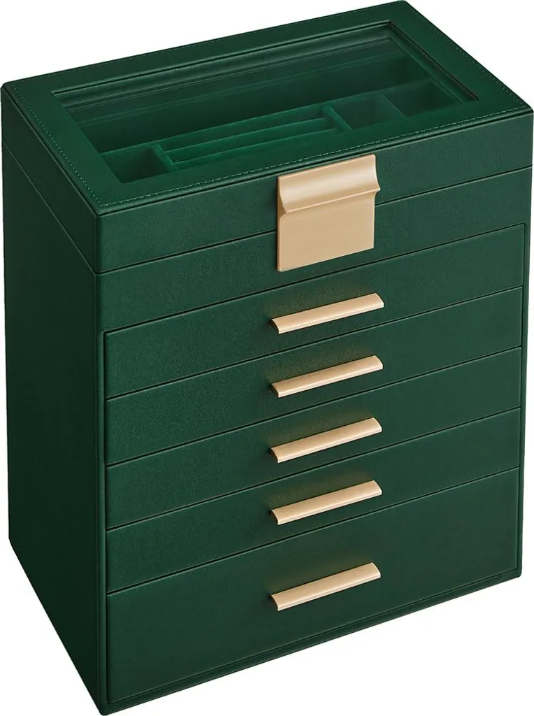 Coffret à bijoux 5 tiroirs vert forêt et or moderne - Rangement luxe