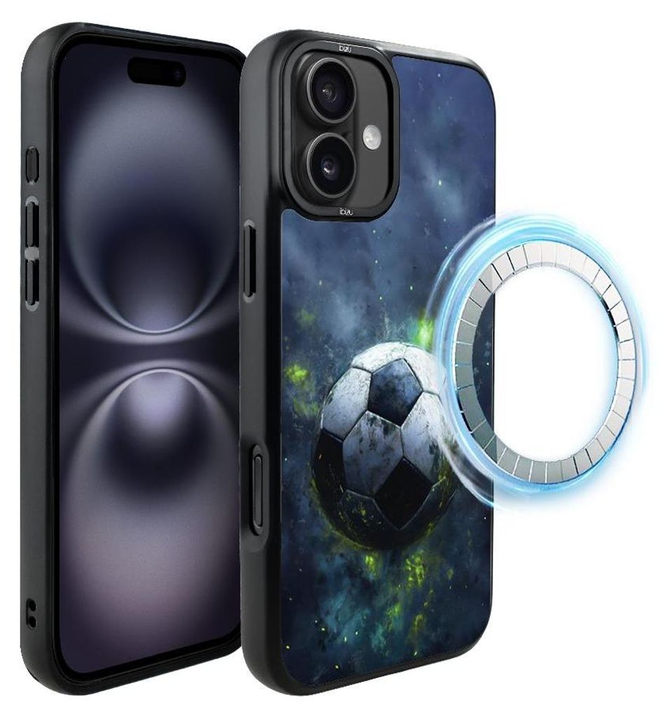 Schutzhülle für das iPhone 16 Plus, MagSafe-kompatibel, mattschwarze Seiten, Fußball