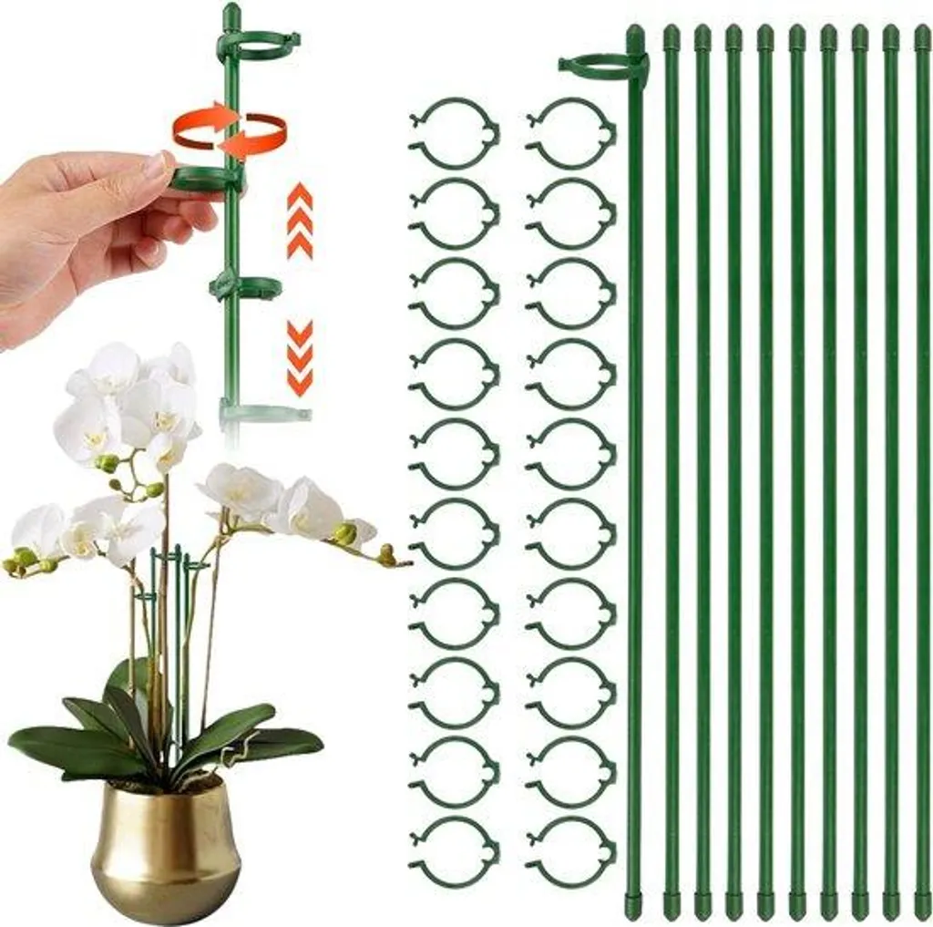 Tuteurage fleurs et orchidées lot de 10 tiges 40 cm avec pinces vert pré