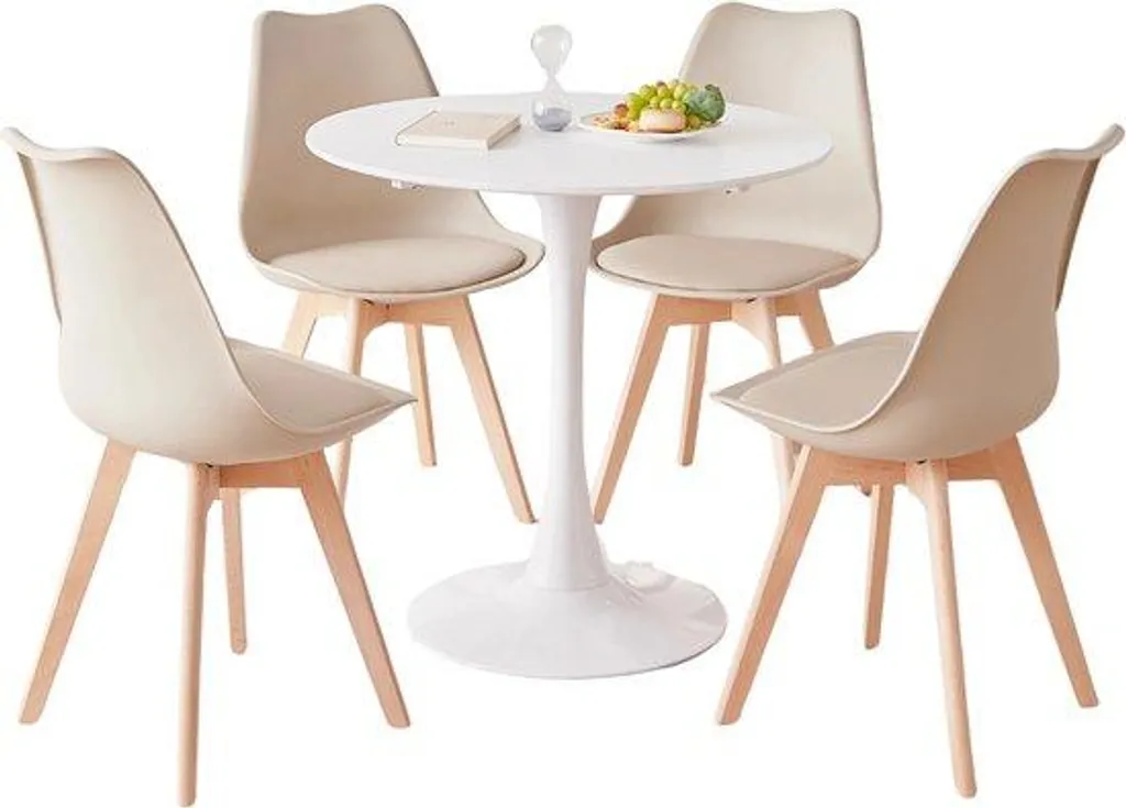 Banc d'angle rond en chêne blanc et kaki avec 4 chaises assorties