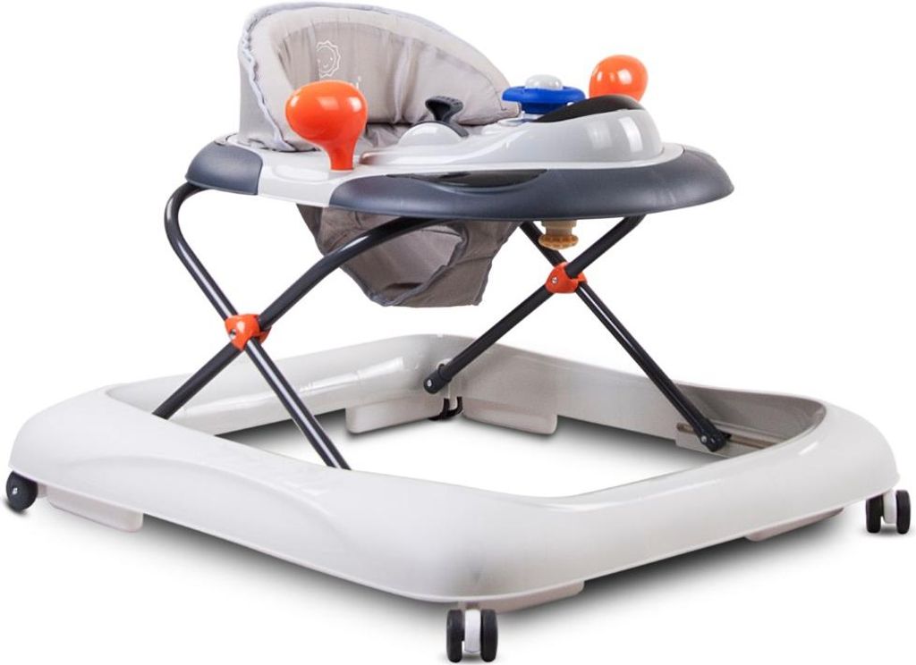 A baby walker with toys is shown against a white background.