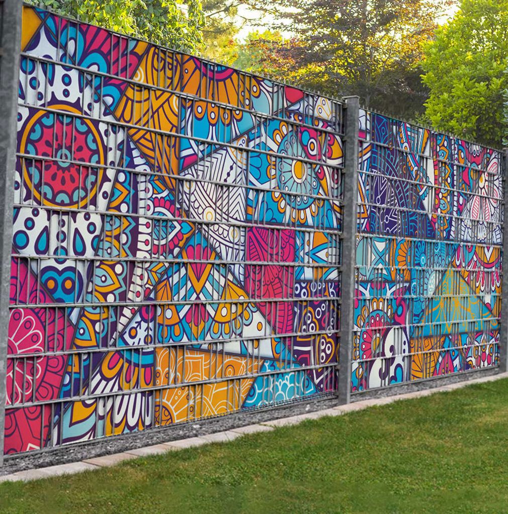 Sichtschutzstreifen Buntglasfenster Sichtschutz Garten Zaun - Teil1 + Teil2 - 9 Streifen - 500x180cm