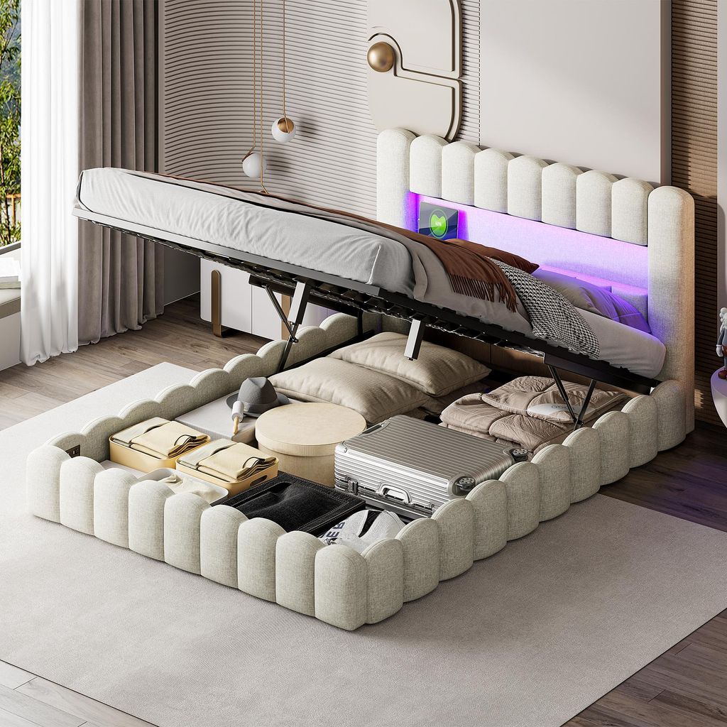 Modernes Erwachsenenbett, 180 x 200 cm, mit LED-Beleuchtung, Stauraum, USB-Anschluss, fleckenabweisend, Beige, Leinen