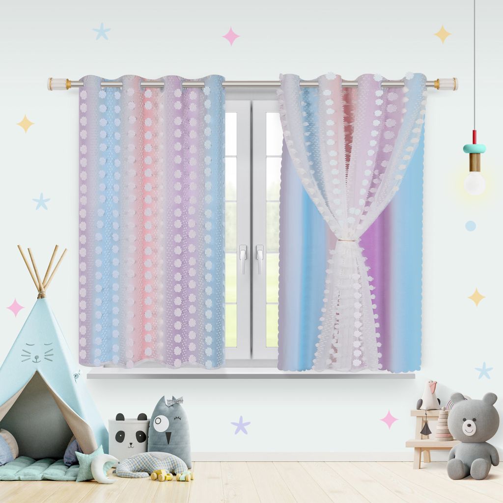 2 Stück Fertiggardinen 132x160cm Kindervorhang Ösen Gardinen mit PomPom Doppelschichtige Kinderzimmer Vorhänge,Baby Gardinen,Lila-Blau