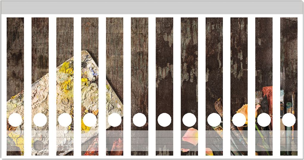 Wallario Ordnerrücken Sticker, selbstklebend für schmale Ordner, 12 Stück, Motiv Pinsel und Farbe auf altem Holz