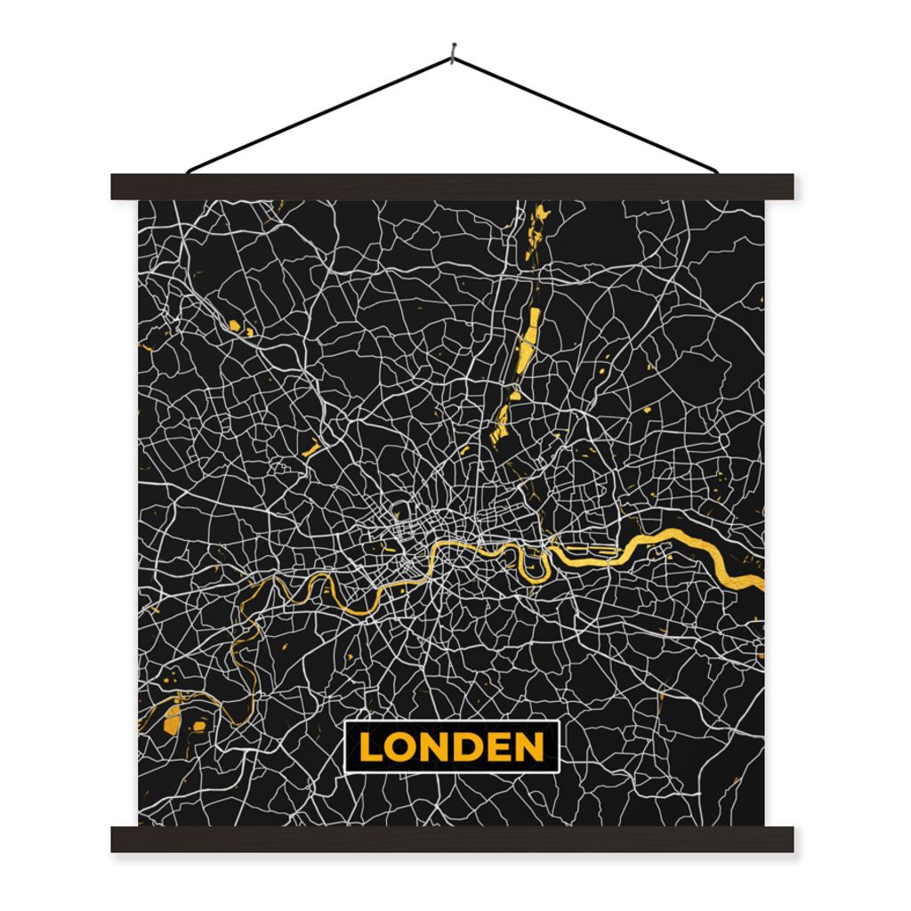 MuchoWow Textilposter London - Stadtplan - Gold - Karte 90x90 cm mit schwarzem Rahmen - Magnetisches