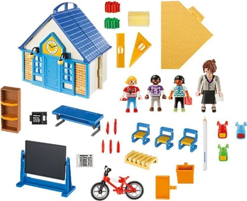 A collection of Playmobil school-themed toys, including a schoolhouse, figures, furniture, and accessories, arranged on a white background.