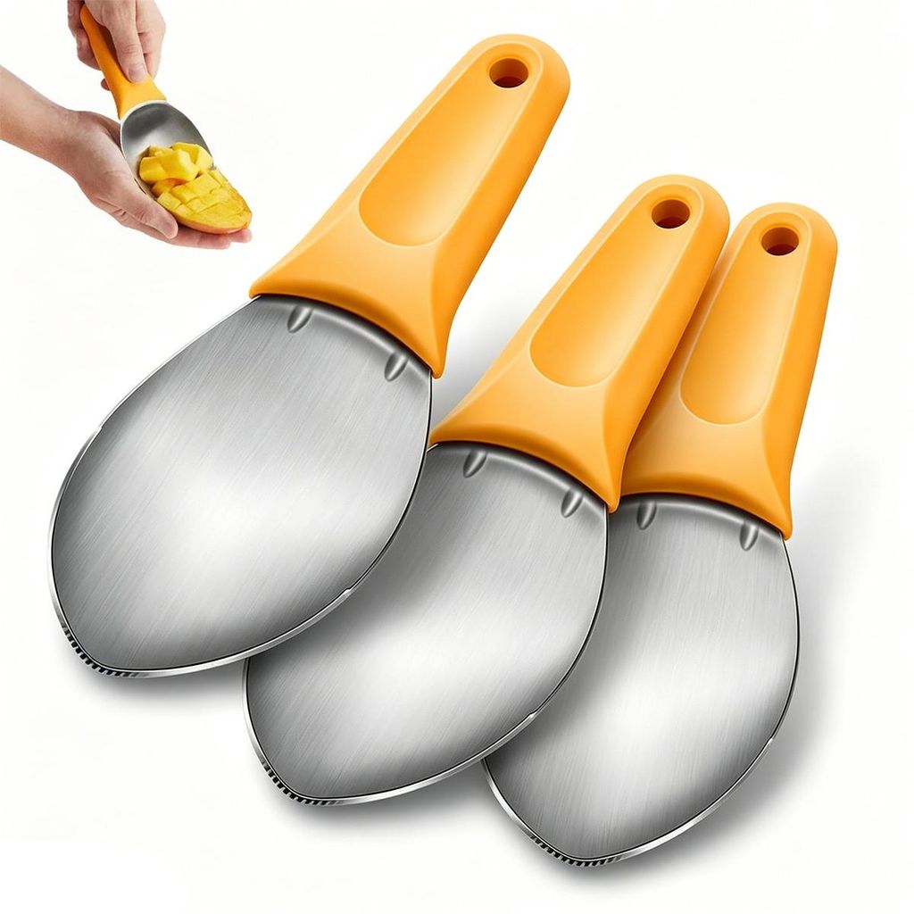3 Stück Mango-Schneider aus Edelstahl, Mango Cutter mit Löffel, Obstschneider für Mango, Kiwi, Avocado & Wassermelone