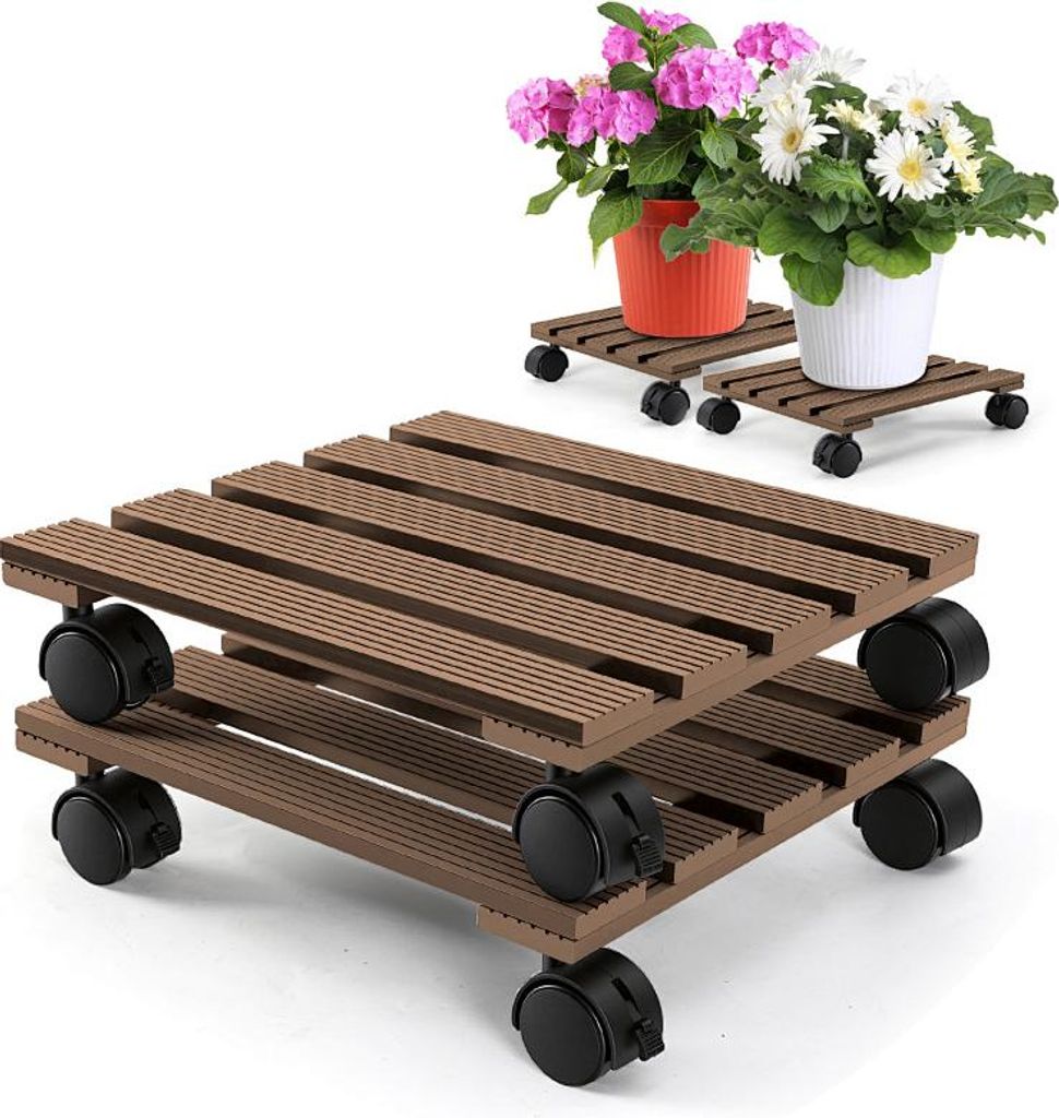 Faziango 2X WPC Pflanzenroller 30cm, Blumenroller Tragkraft 80 KG, Rolluntersetzer mit Rollen, Kübelroller für Pflanzen, Blumentopf(Eckig, Braun)