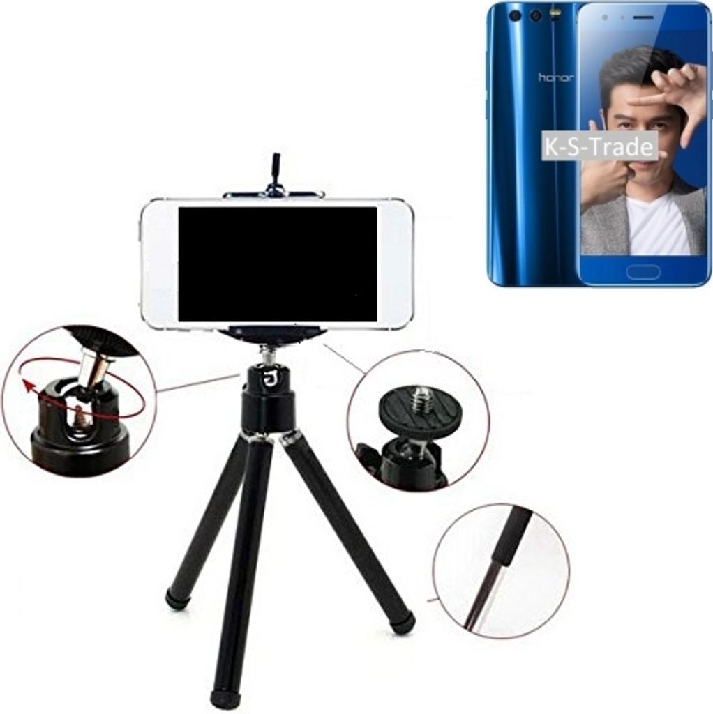 K-S-Trade Smartphone Stativ Dreibein kompatibel mit Huawei Honor 9 Tripod aus Aluminium Klemmstativ Stativ Adapter für Mobiltelefone schwarz 1x
