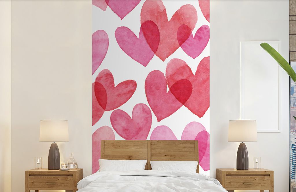 MuchoWow Fototapete für Wohnzimmer oder Schlafzimmer Wandtapete Vinyl Motivtapete Ein Aquarell mit Herz-Illustration - 120x240 cm - Hintergrundbild