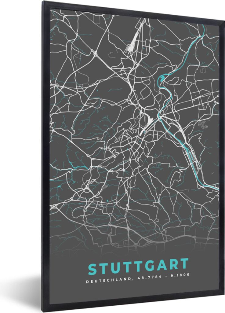 MuchoWow Gerahmtes Poster Karte - Stuttgart - Blau - Stadtplan - Deutschland 20x30 cm - Poster mit Schwarzem Bilderrahmen Wandposter Rahmen Foto ...