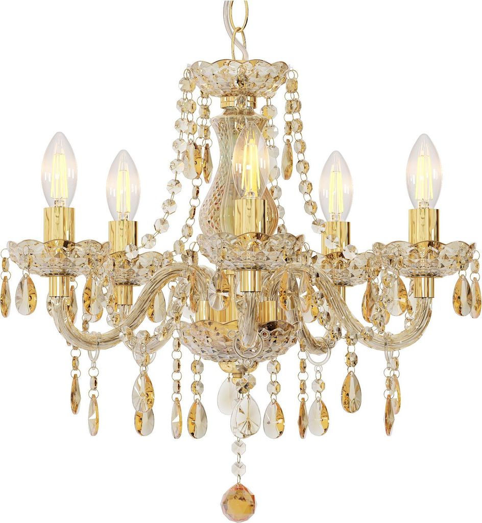 A gold chandelier with crystal and acrylic accents, photographed against a white background.