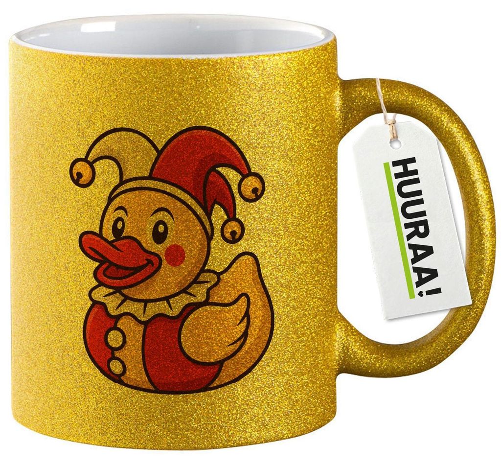 Huuraa Glitzertasse Quietscheente Joker Gummiente Hofnarr 330ml Gold Keramik Kaffeebecher Geschenkidee
