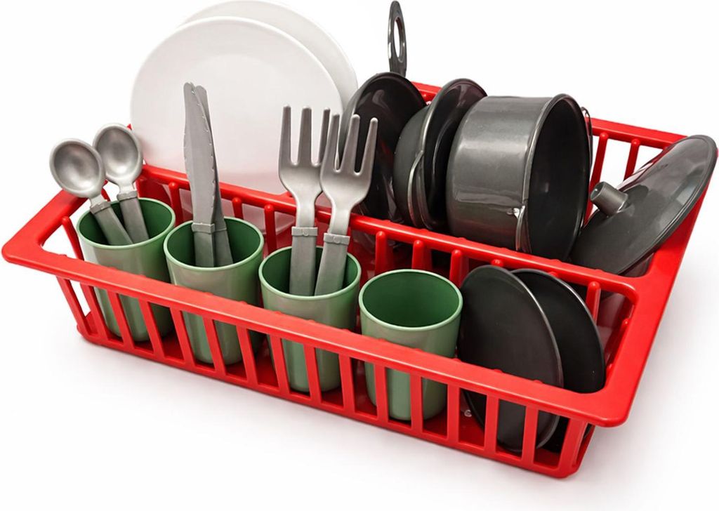Kinder Geschirrset Spielküche, 4 Becher, Teller, Besteck, Pfanne & Kochtopf mit Deckel, Abtropfgitter, Kunststoff, Spielküchen Zubehör für Kinder