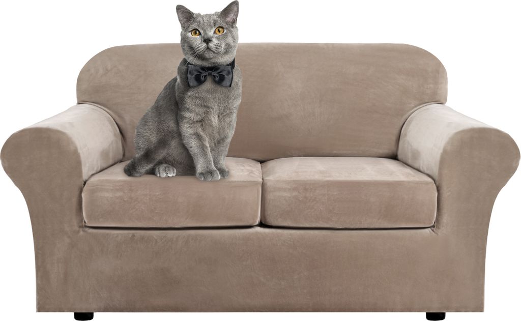 3 Stück Samt Stretch Sofabezug Loveseat Bezug Möbelschutz mit elastischem Boden Rutschfester Dicker waschbarer Sofabezug(2 Sitzer,Braun)