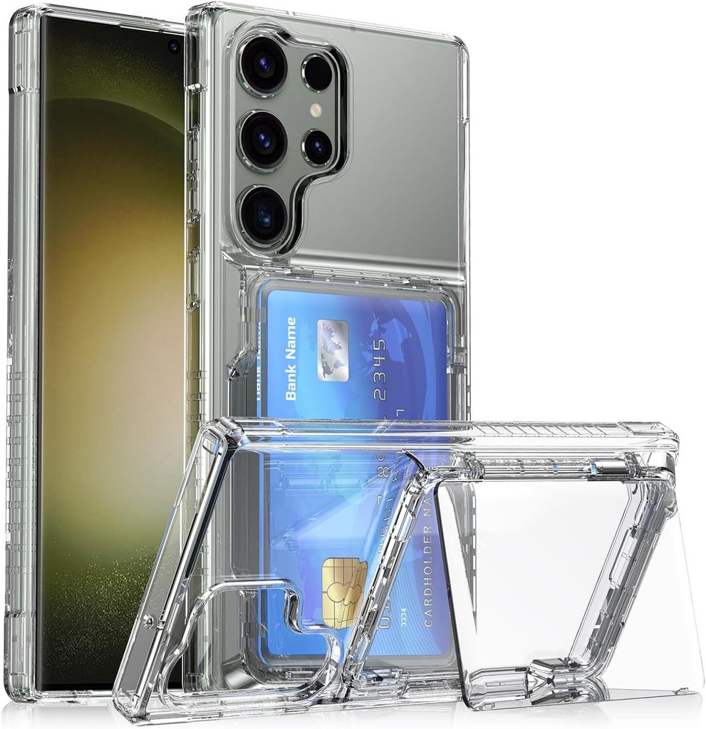 Hülle für Samsung Galaxy S24 Ultra Transparent Kartenfach Silikon TPU Handyhülle mit Ständer Klar