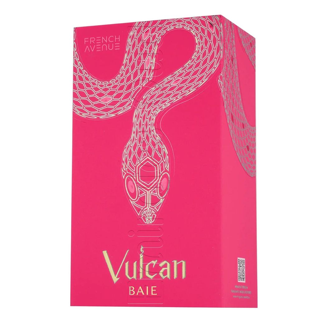 A pink box with a white snake design and text.