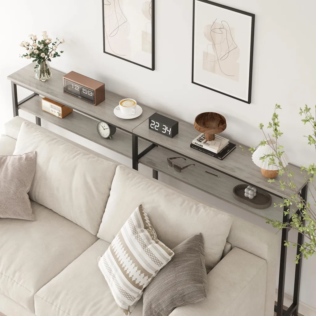 Console étroite 180 cm grise pour salon - Table de rangement bi-niveau - 3