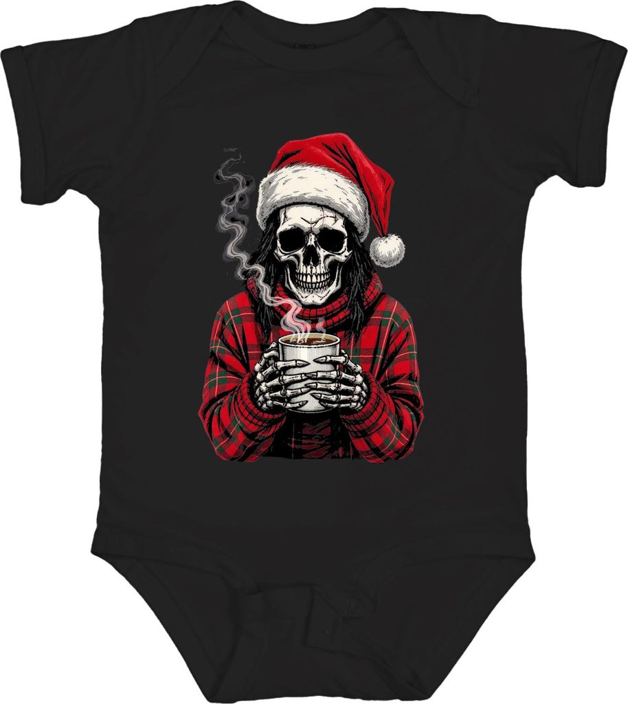 Weihnachtsmann Totenkopf Skelett Kaffee rot Karomuster Gothic Unisex Baby Body, Schwarz, 3/6