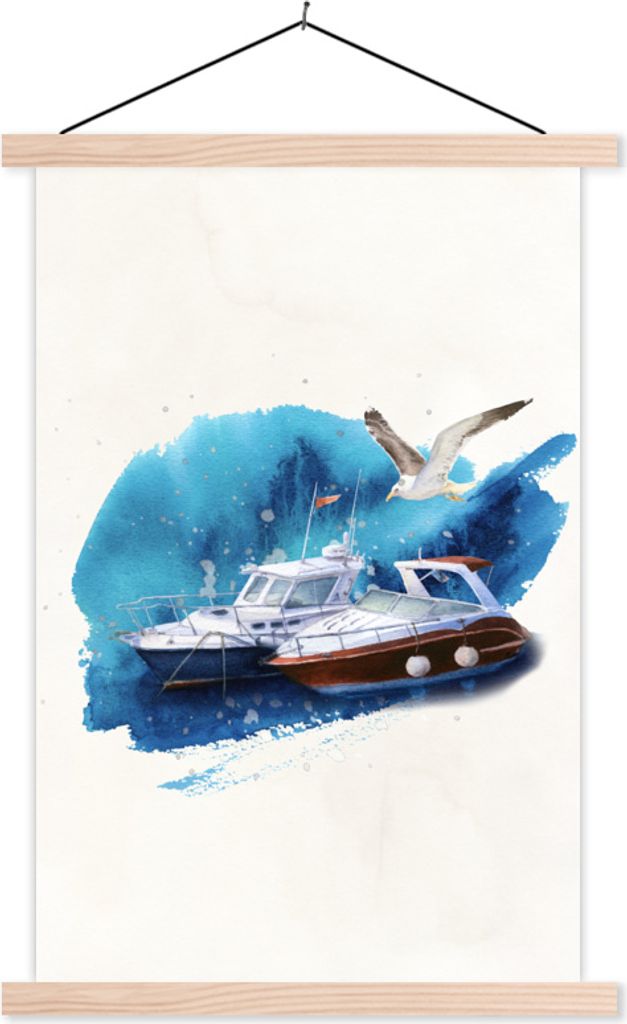 MuchoWow Textilposter Boot - Vogel - Wasser 120x180 cm mit holzfarbenen Rahmen - Textil-Plakat