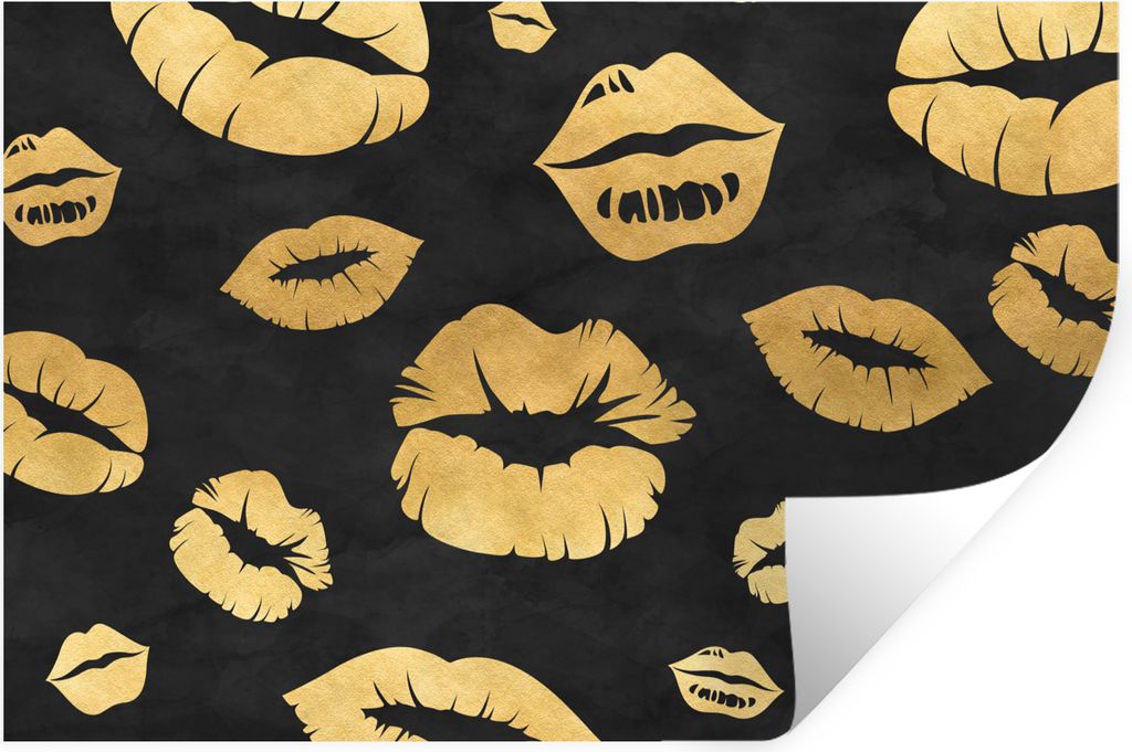 MuchoWow Wandtattoo Wandsticker Wandaufkleber Muster - Kuss - Gold - Schwarz 120x80 cm Selbstklebend und Repositionierbar - Selbstklebend - Fotot...