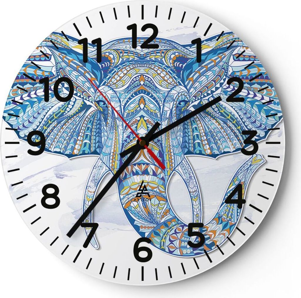 Wanduhr - Rund - Glasuhr - Elefant Muster Tierwelt Afrika - 40x40cm - Schleichendes Uhrwerk - Lautlos - zum Aufhängen bereit - Dekoration Modern -...