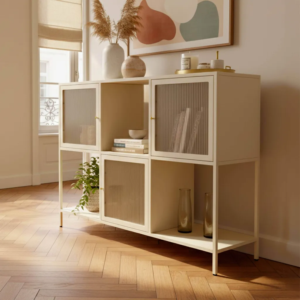 Petit Buffet Métal 120 cm Écru 3 Portes - Design Scandinave et Robuste