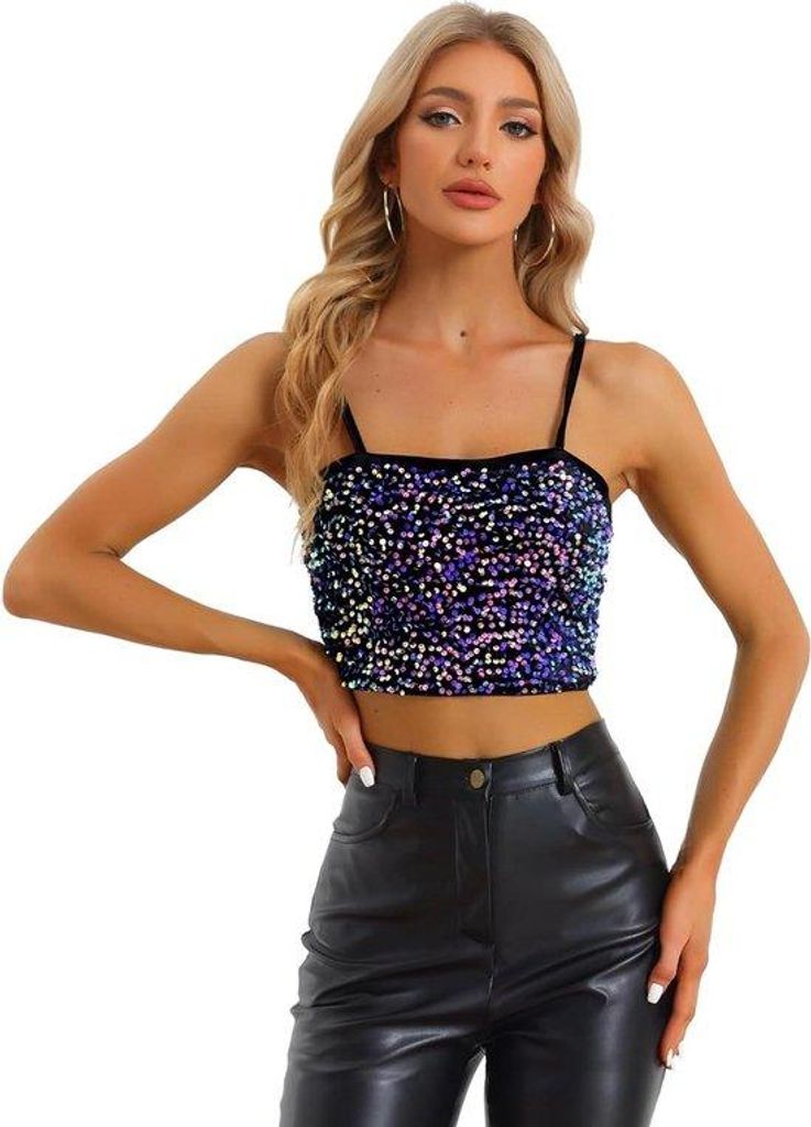 Allecto plus – Samt-Camisole mit Pailletten und Spaghettiträgern für Damen, perfekt für Clubpartys, erhältlich in Schwarz und Lila, Größe L.