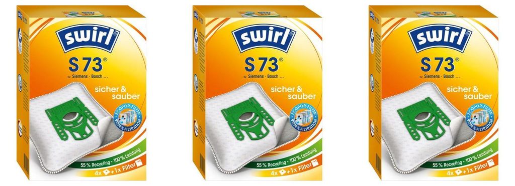 Three identical packages of Swirl S73 vacuum cleaner bags are displayed side-by-side against a white background.