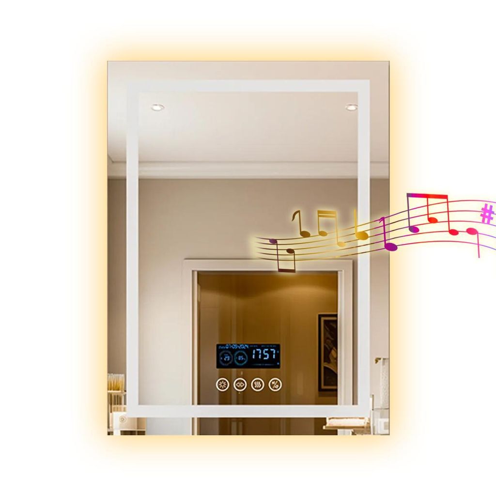 Badspiegel LED 60×80cm mit Bluetooth-Lautsprecher, 3 Lichtfarben, Anti-Beschlag, Zeit & Temperatur