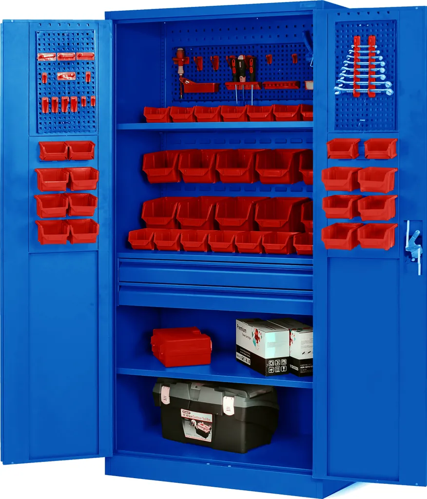 Armoire d'atelier métallique bleue avec tiroirs et portes battantes